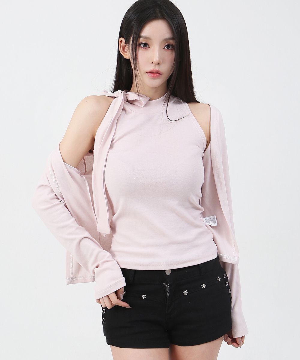 Neck muffler sleeveless cardigan set