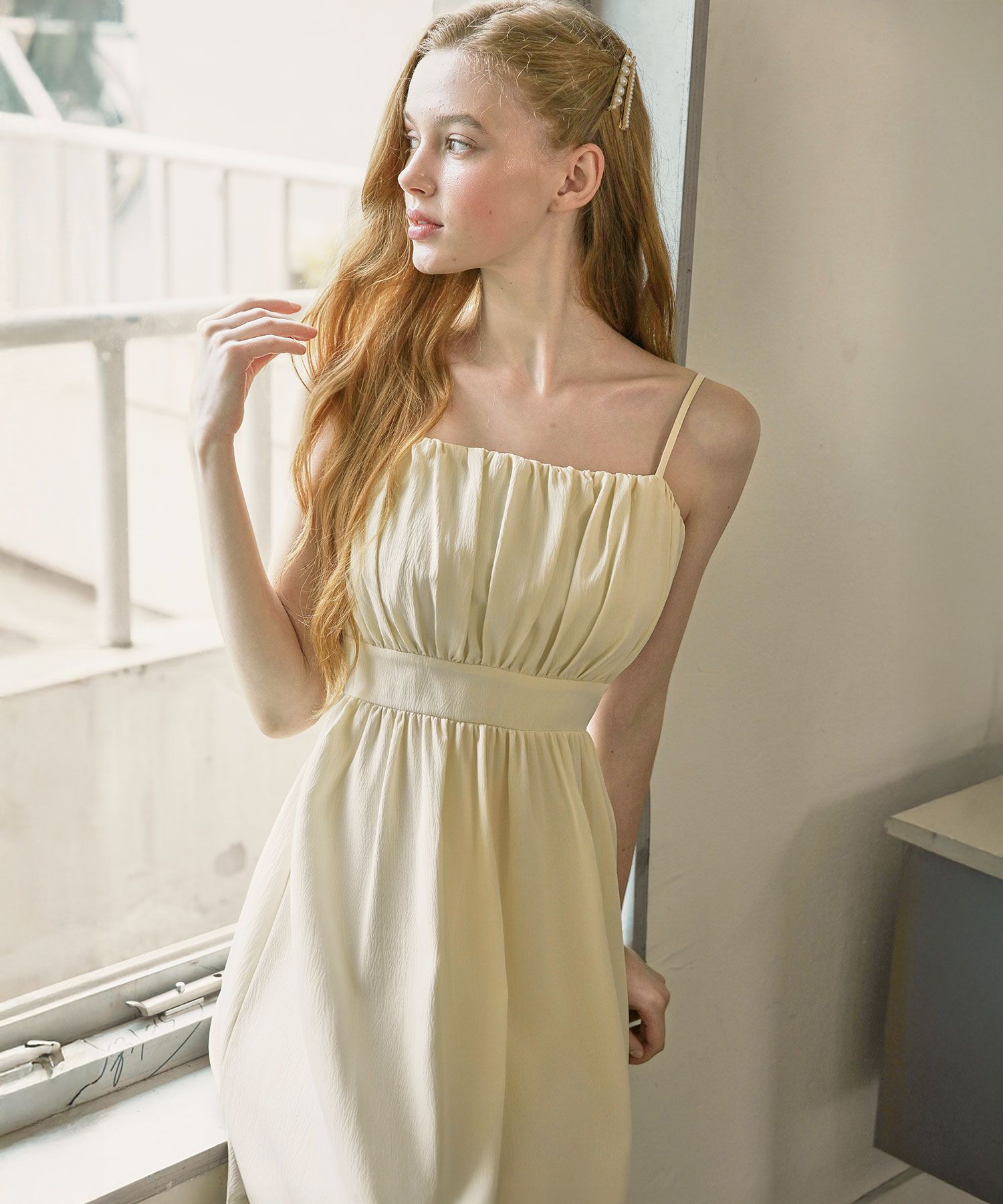 Rachel Shirring Backpoint Long Dress - Cream Yellow