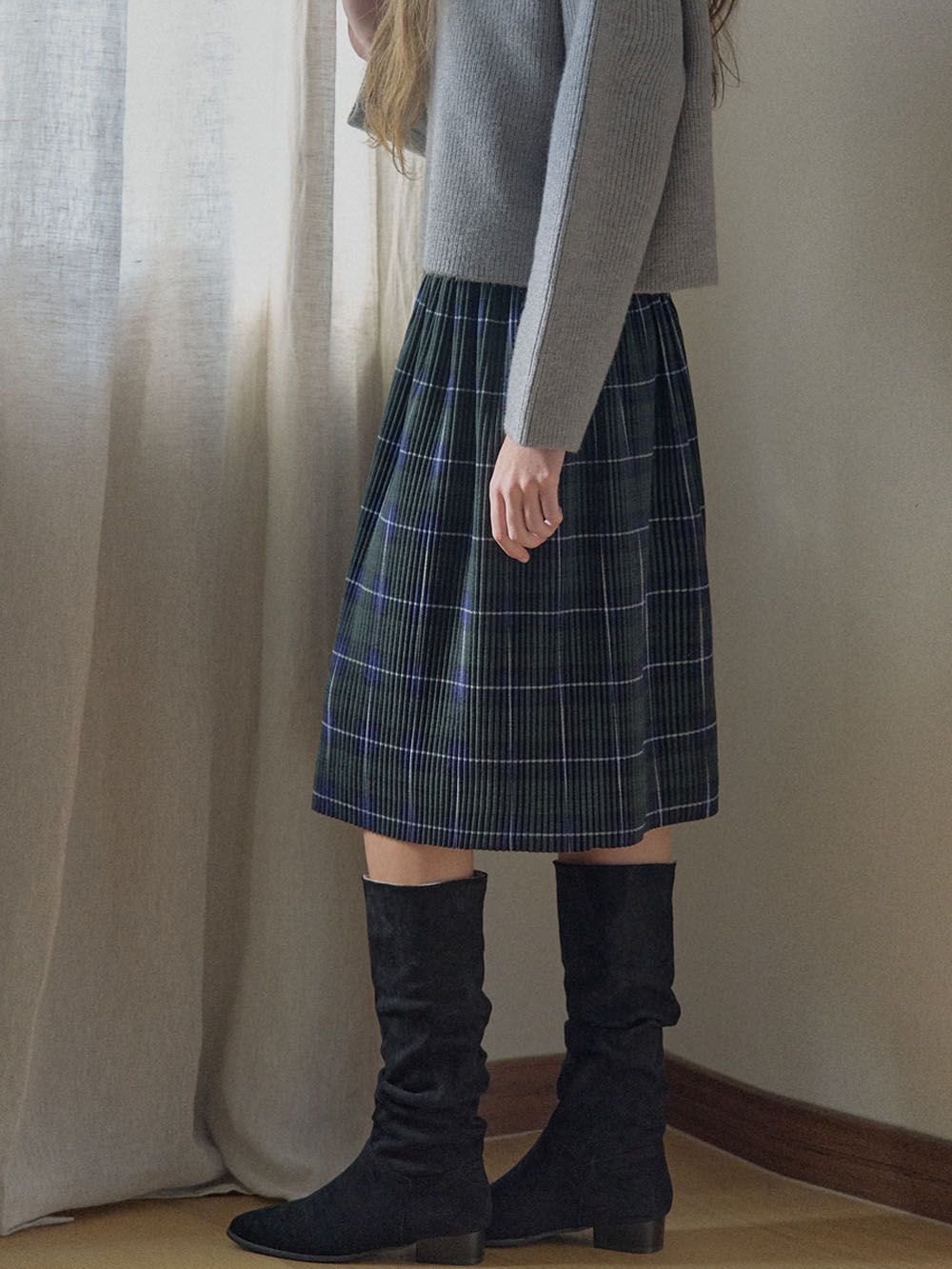 Tartan Check Pleated Midi Skirt - GREEN