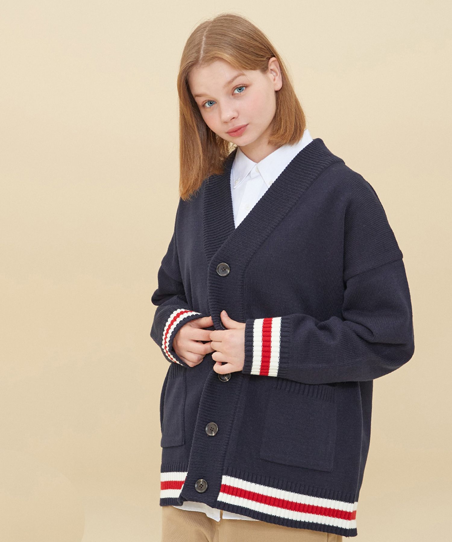 THREE LINE HEM AND CUFFS CARDIGAN_NAVY