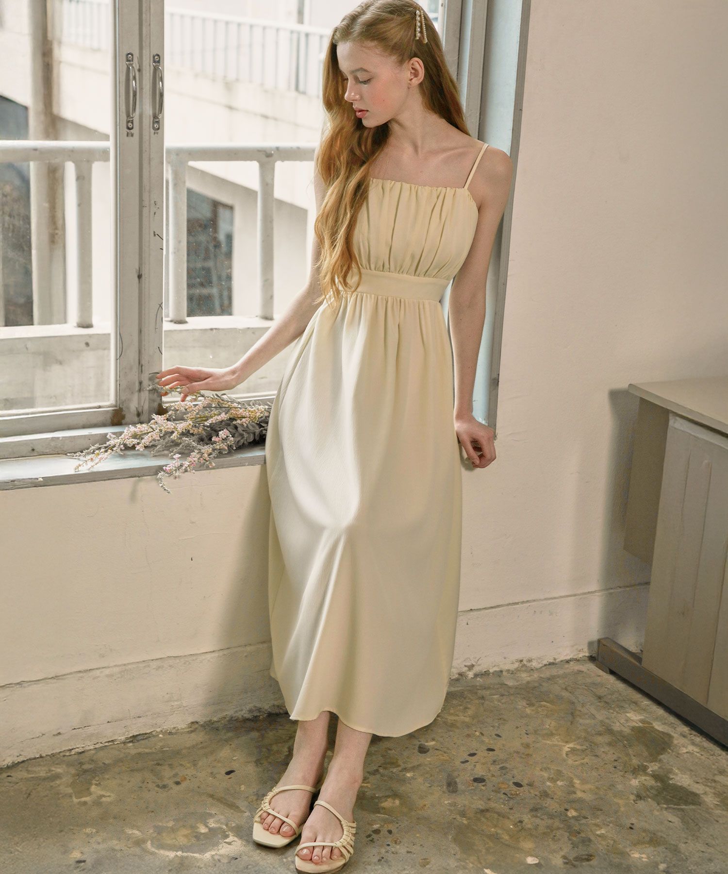 Rachel Shirring Backpoint Long Dress - Cream Yellow