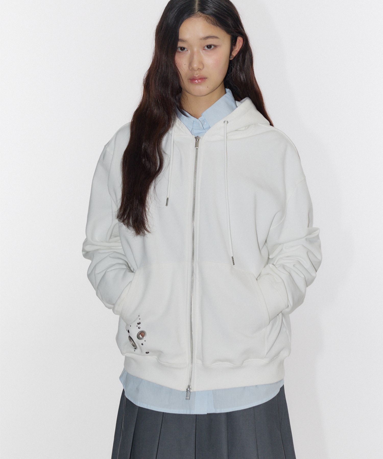 Essential Eyelet Point Sweat Oversized Cotton Long Sleeve Hooded Zip-Up Jacket [White]