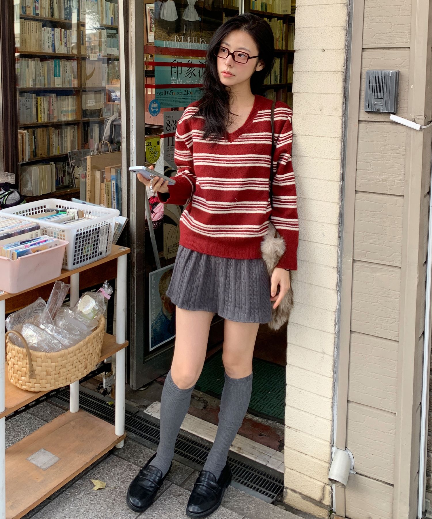 Jess Cable Pleated Knit Skirt (Charcoal)