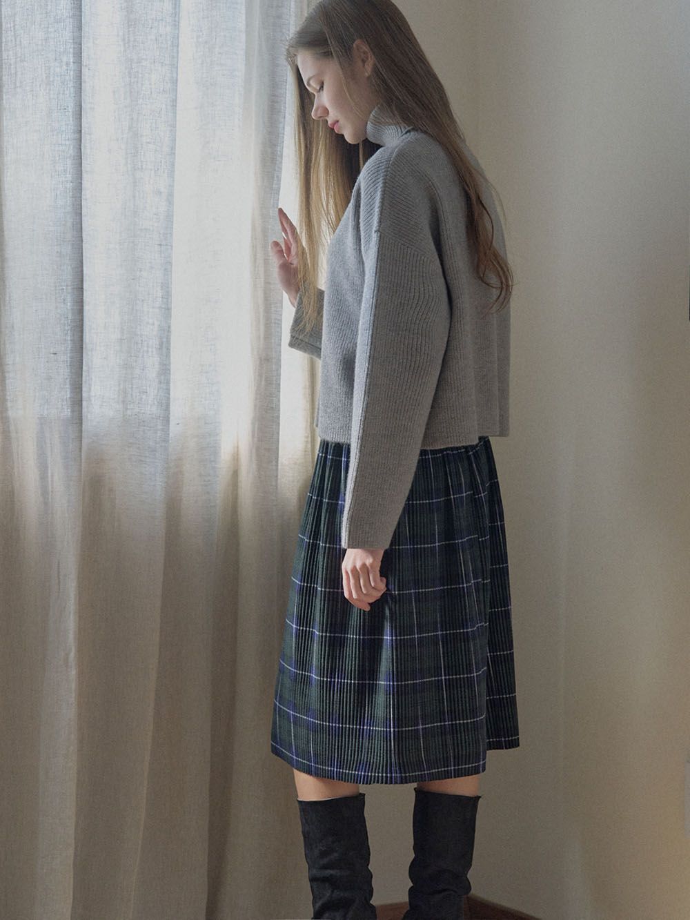 Tartan Check Pleated Midi Skirt - GREEN