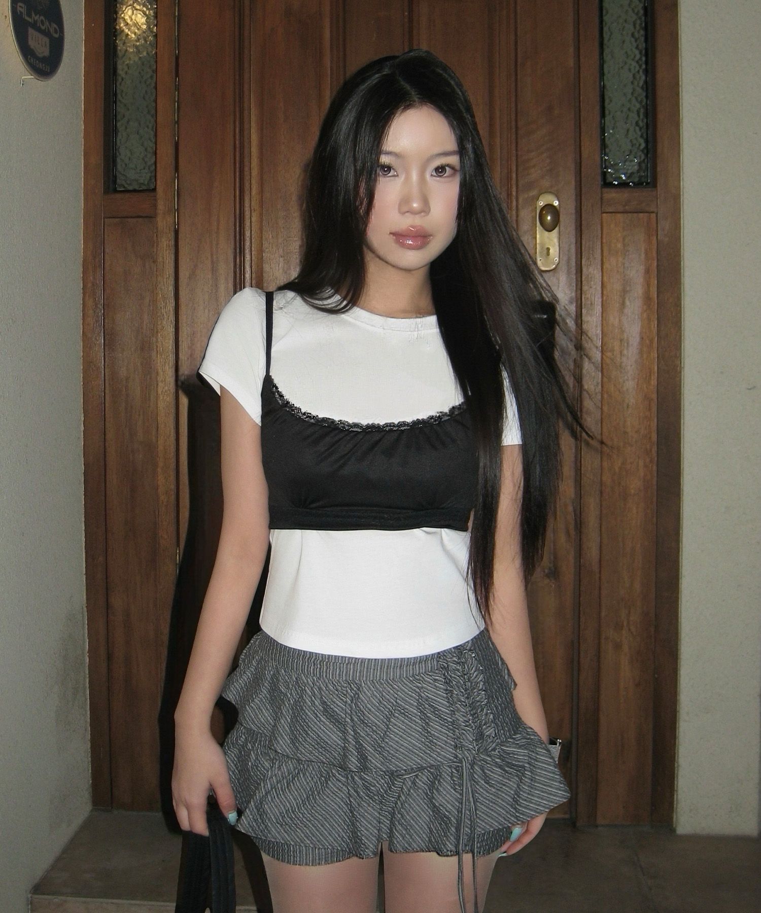 Wrinkle Mini Skirt Pants - Black