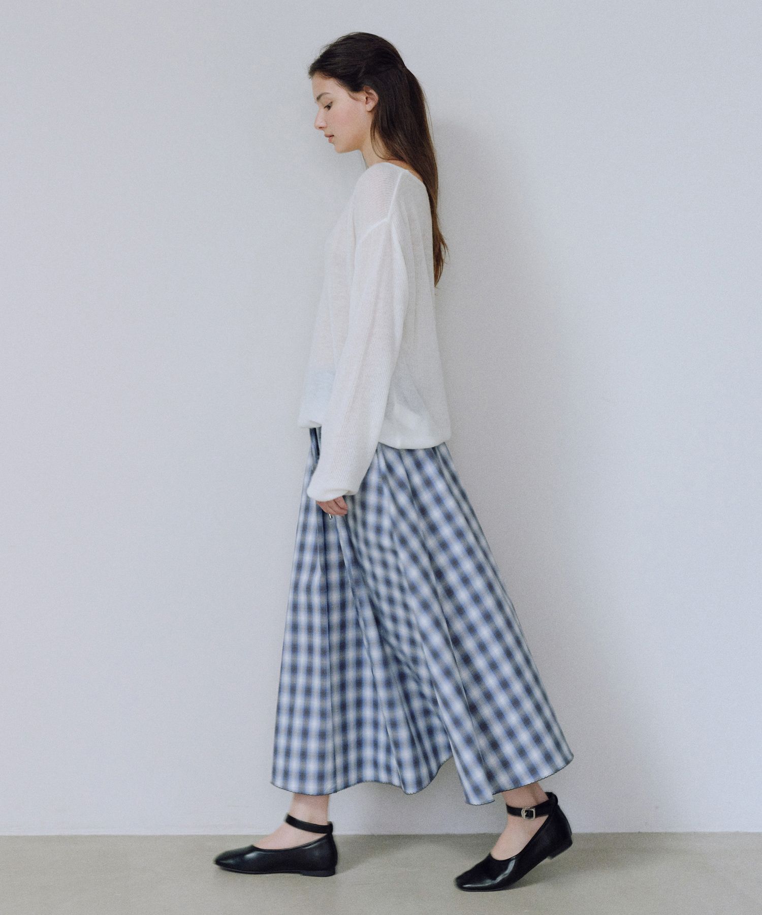 Check flared long skirt