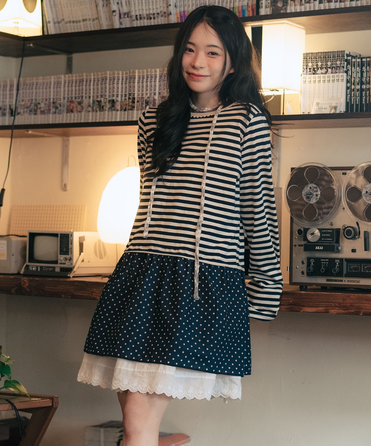 Striped Dot Layered Dress_Navy