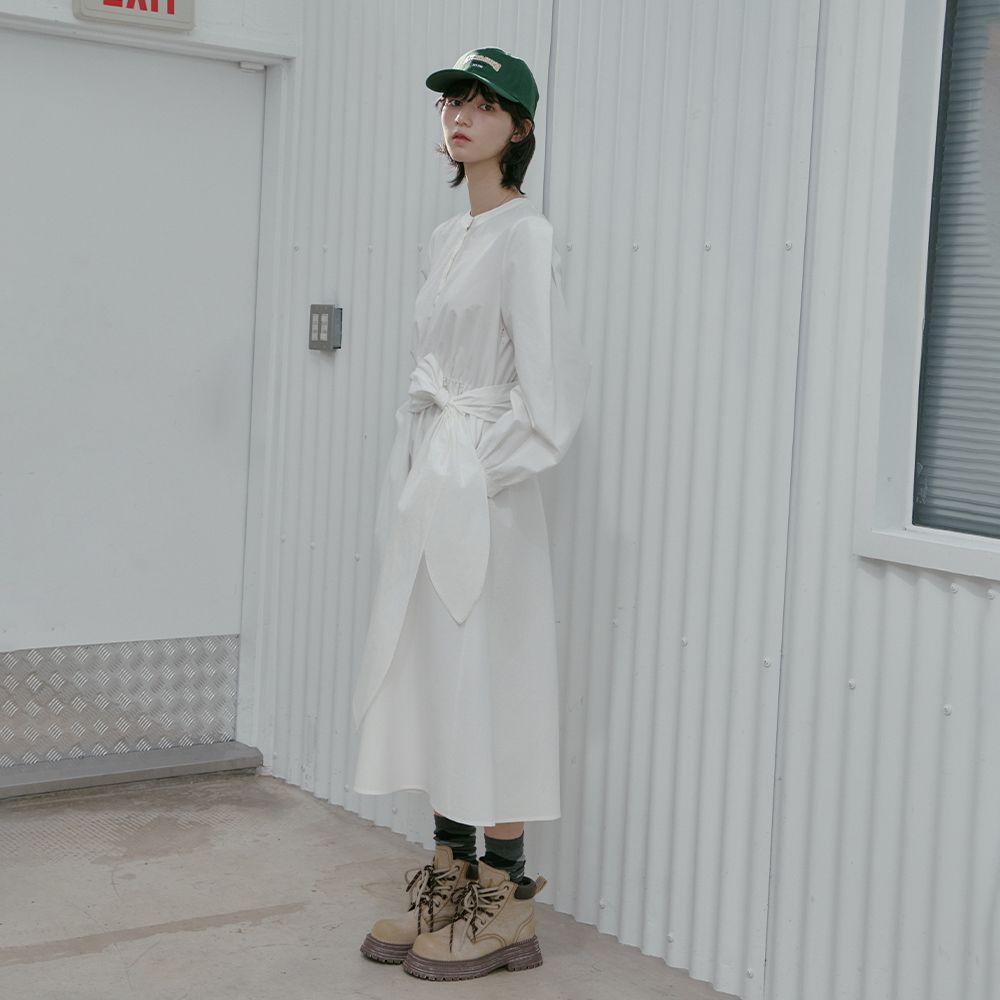 Henley Neck Waist Tie Long Dress AS1WO262