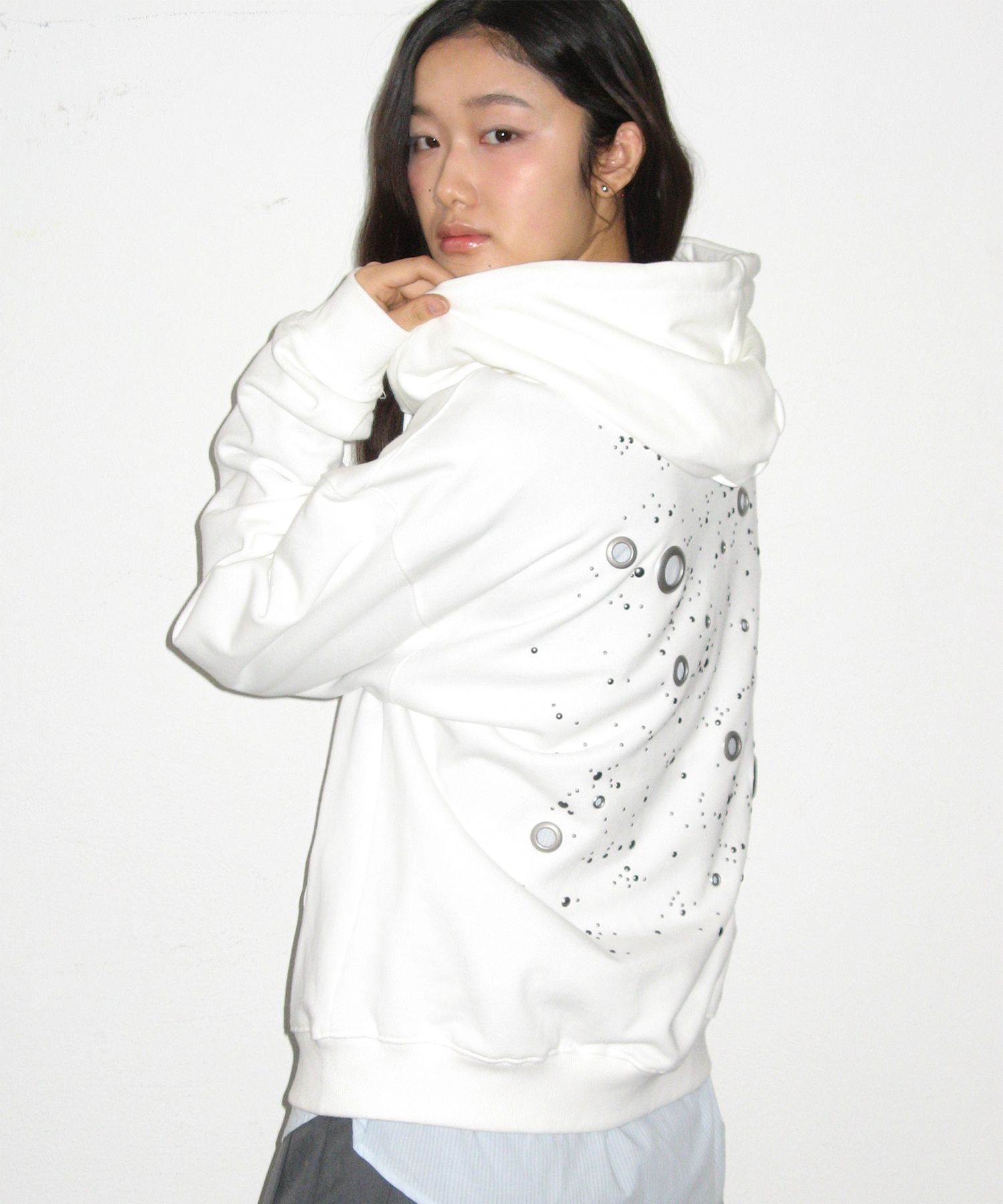 Essential Eyelet Point Sweat Oversized Cotton Long Sleeve Hooded Zip-Up Jacket [White]